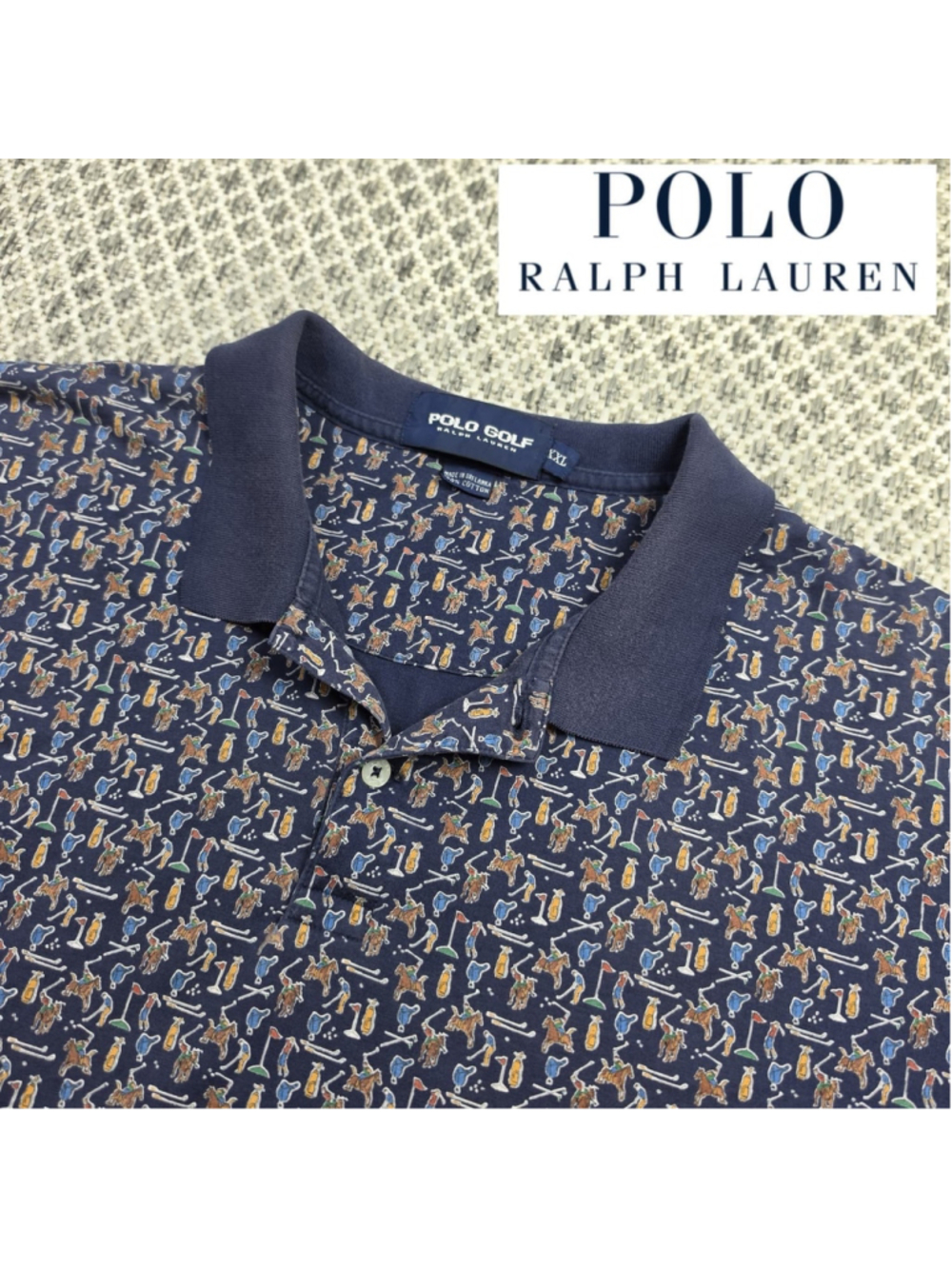 Vintage Polo Golf Ralph Lauren Mens XXL Navy Golf Polo All Over Print Cotton